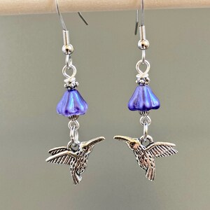 Silver Hummingbird Earrings - Bird Jewelry, Flower Earrings, Nature Jewelry, Purple Flower Earrings, Bird Gift, Nature Gift, Gift for Woman