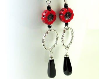 Red and Black Earrings - Long Earrings, Silver Hoop Earrings, Flower Earrings, Lightweight Earrings