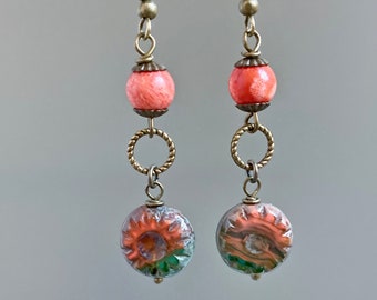 Coral and Green Earrings - Czech Glass Earrings, Sponge Coral, Long Earrings, Gift for Woman, Birthday Gift, Co-worker Gift