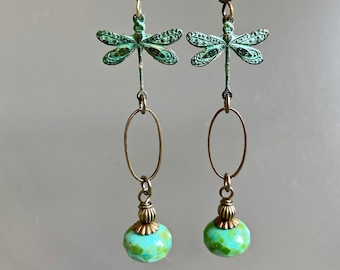 Dragonfly Earrings - Verdigris Patina, Czech Turquoise Glass, Dragonfly Jewelry, Nature Jewelry, Dragonfly Gift, Nature Gift, Gift for Woman