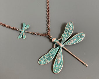Collar de libélula - Cobre verde azulado, regalo de jardinero, joyería de la naturaleza, joyería de libélula, regalo de la naturaleza, aguamarina, regalo para mujer, cumpleaños, graduación
