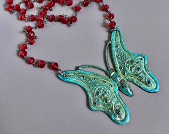 Large Butterfly Necklace - Verdigris Patina, Nature Jewelry, Red Crystal, Long Necklace, Gift for Woman, Nature Gift, Butterfly Gift