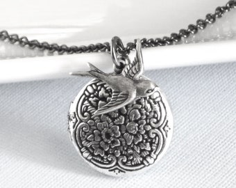 Small Silver Bird Locket Necklace, Bird Jewelry, Nature Jewelry, Keepsake Jewelry, Silver Locket, Girl Locket, Birthday Gift, Graduation