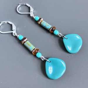 Turquoise Flower Petal Earrings - Czech Glass, Turquoise and Brown, Botanical Jewelry, Flower Gift, Gift for Woman, Wife Gift, Friend Gift