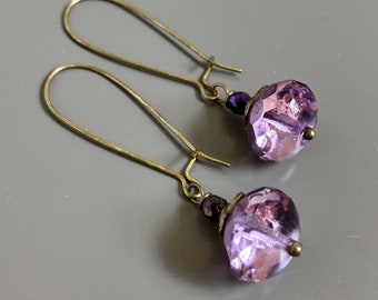 Purple Glass Earrings - Czech, Iridescent, Lavender, Rondelle, Peacock Glass, Gift for Woman, Long Earrings,