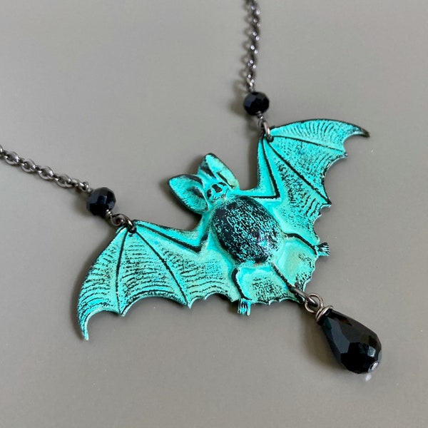 Vampire Bat Necklace - Verdigris, Patina Jewelry, Blood Red Jewel, Halloween Jewelry, Goth Jewelry, Gift for Woman, Birthday Gift