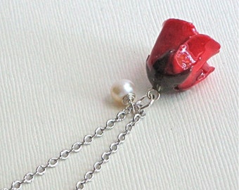 Real Red Rose Bud Necklace - Real Flower Necklace, Real Flower Jewelry, Botanical Jewelry, Gift for Woman, Birthday Gift, Valentine Gift