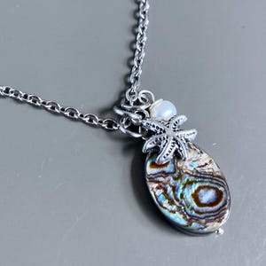 Abalone Starfish Necklace - Beach Jewelry, Shell Jewelry, Pearl Necklace, Paua Abalone, Beach Wedding, Iridescent, Gift for Woman