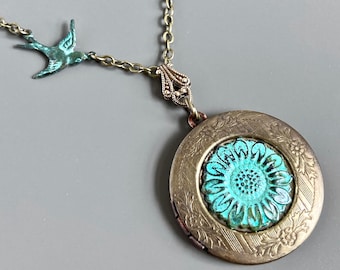 Sunflower Locket Necklace - Patina Flower, Flower Jewelry, Nature Jewelry, Botanical Jewelry, Keepsake Necklace, Brass Locket, Large Locket