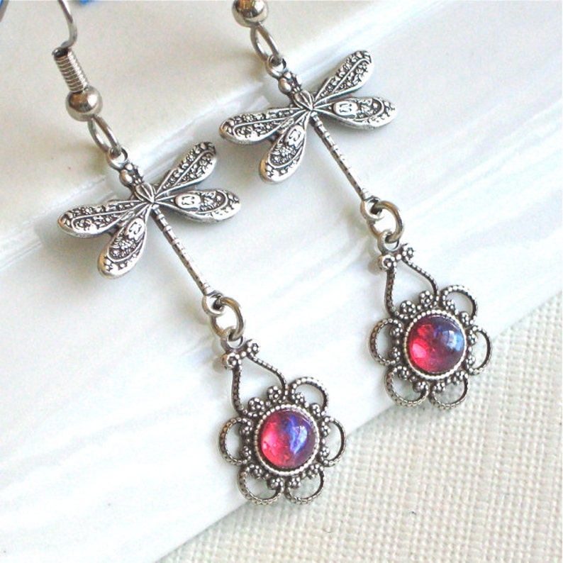 Silver Dragonfly Earrings Dragons Breath Glass Opals, Filigree Earrings, Dragonfly Jewelry, Gift for Woman, Graduation, Birthday image 2