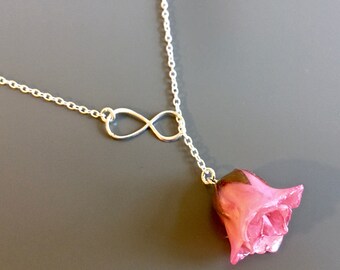 Pink Rosebud Infinity Lariat Necklace - Real Rose Necklace, Real Flower Necklace, Infinity Necklace, Sterling Silver, Gift for Woman