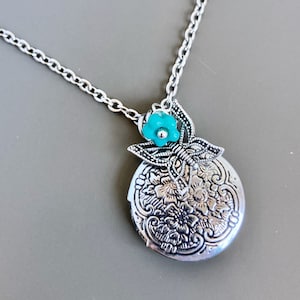 Small Silver Butterfly Locket Necklace - Flower, Turquoise, Botanical, Keepsake Jewelry, Nature Jewelry, Gift for Woman, Birthday, Christmas