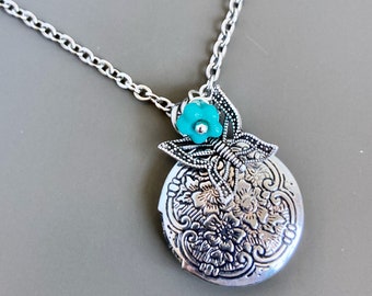 Small Silver Butterfly Locket Necklace - Flower, Turquoise, Botanical, Keepsake Jewelry, Nature Jewelry, Gift for Woman, Birthday, Christmas