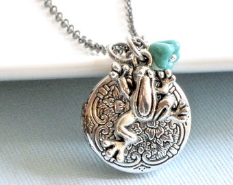 Frog Locket Necklace - Small Locket, Silver Locket, Nature Jewelry, Turquoise Necklace, Frog Gift, Gift for Woman, Teen, Girl, Christmas