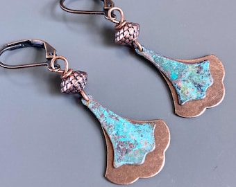 Layered Copper Ginkgo Leaf Earrings - Verdigris Patina, Leaf Jewelry, Botanical Jewelry, Nature Gift, Gift for Woman, Birthday Gift