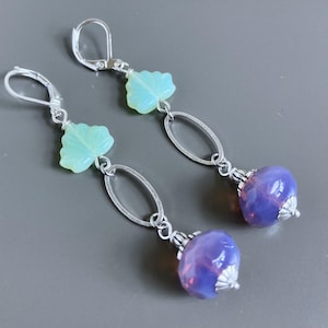 Mint Green and Lavender Earrings - Czech Glass Earrings, Maple Leaf, Botanical Jewelry, Leaf Jewelry, Long Earrings, Gift for Woman