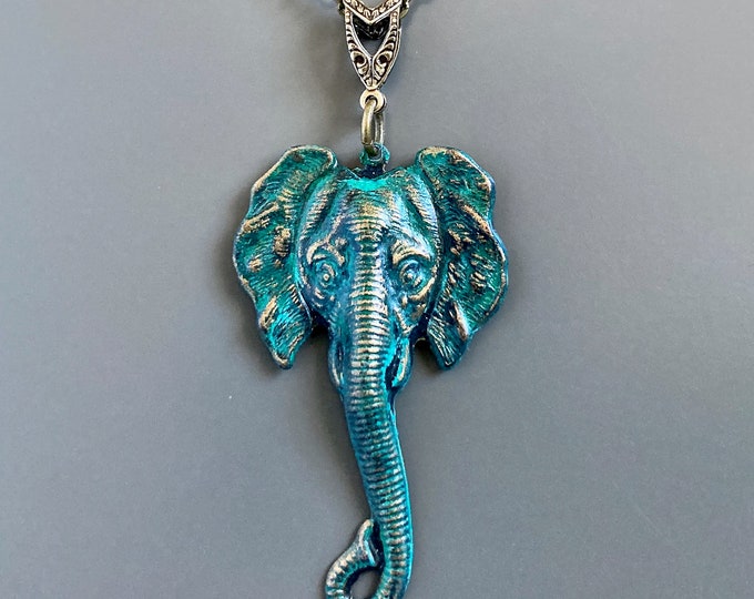 Elephant Necklace - Verdigris Patina, Animal Jewelry, Nature Jewelry, Safari, Elephant Jewelry, Gift for Woman, Birthday