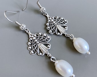 Pearl Silver Filigree Earrings - Long Earrings, Wedding Earrings, Lightweight Earrings, Art Deco, Gift for Woman, Christmas gift