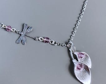 Calla Lily Necklace - Purple, Glass Amethyst, Flower Jewelry, Floral Jewelry, Botanical Jewelry, Gift for Woman, Garden Jewelry, Dragonfly