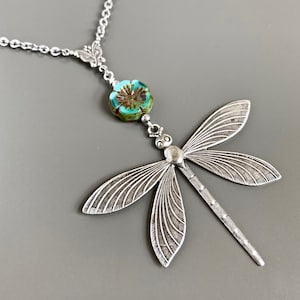 Grote zilveren libelketting - turquoise ketting, libelsieraden, natuursieraden, natuurcadeau, lang, libelcadeau, cadeau voor vrouw
