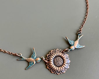 Sunflower Bird Necklace - Garden Jewelry,  Flower Jewelry, Copper Sunflower, Botanical Jewelry, Gift for Woman, Birthday, Bridesmaid Gift