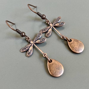May include: A pair of copper-toned dangle earrings featuring a dragonfly design with a teardrop-shaped pendant.