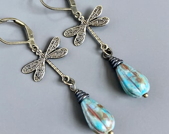 Brass Dragonfly Earrings - Czech Turquoise Teardrop, Dragonfly Jewelry, Nature Jewelry, Dragonfly Gift, Nature Gift, Gift for Woman, Friend