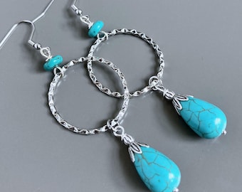 Orecchini a cerchio in argento turchese - Lacrime di magnesite turchese, orecchini lunghi, leggeri, regalo per donna, regalo di compleanno