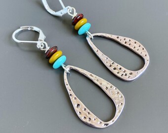 Silver Boho Hoop Earrings - Turquoise, Yellow, and Red Earrings, Lightweight Earrings, Boho Jewelry, Hammered, Gift for Woman,