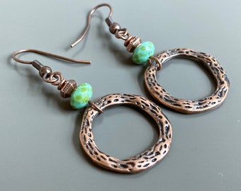 Copper and Turquoise Hoop Earrings - Boho Earrings, Czech Glass Earrings, Organic Earrings,  Gift for Woman, Birthday Gift, Friend Gift