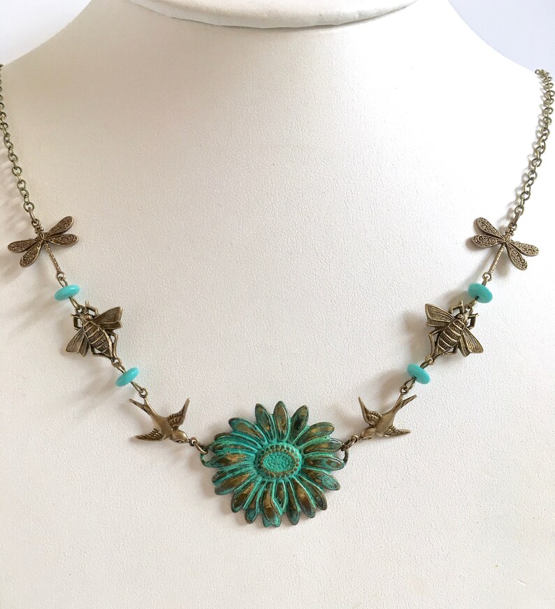 Dragonfly Necklace Sunflower Garden Necklace Bee Necklace Botanical Jewelry Flower Necklace Gift for Gardener Bird Necklace