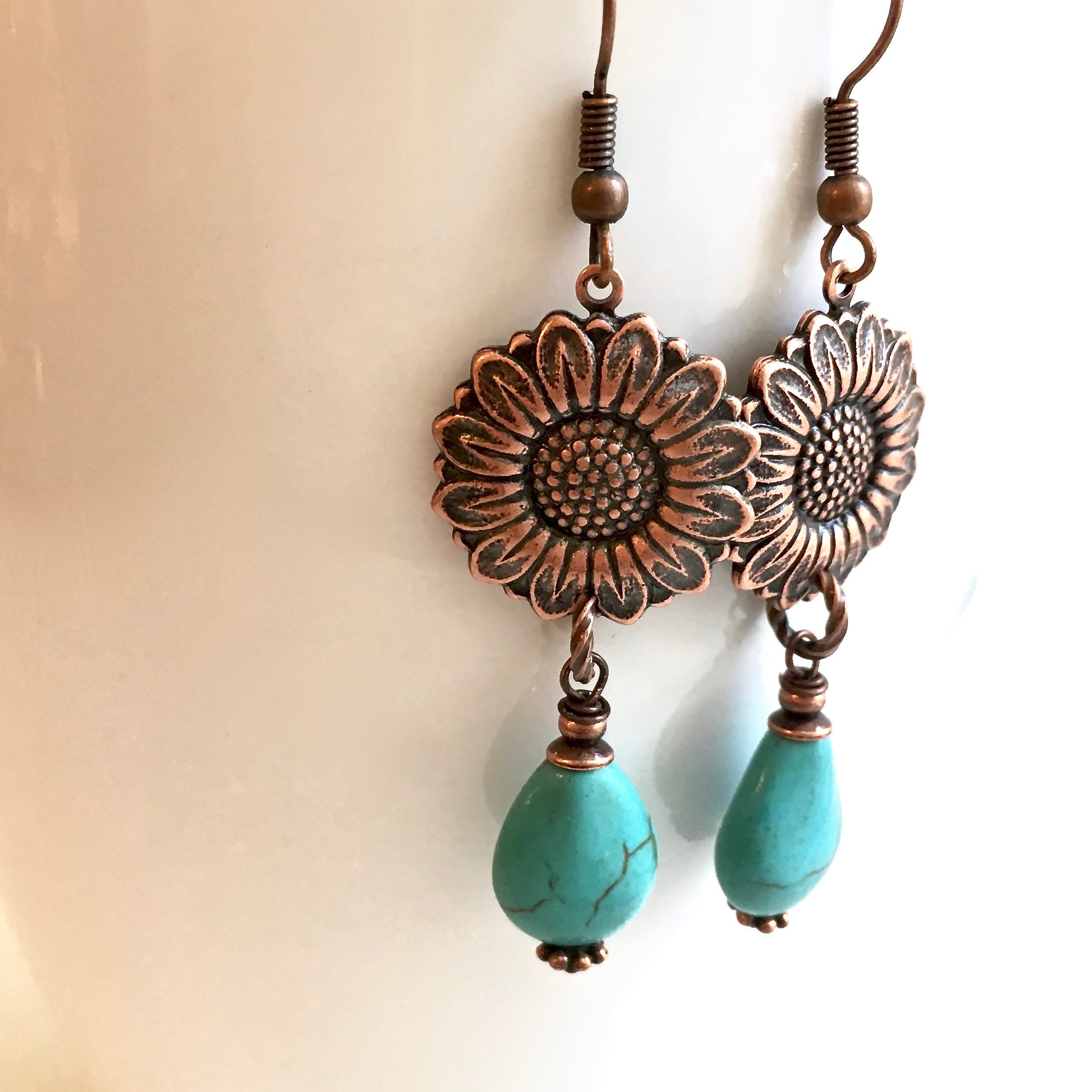 Copper Sunflower Earrings Turquoise Earrings Flower Etsy