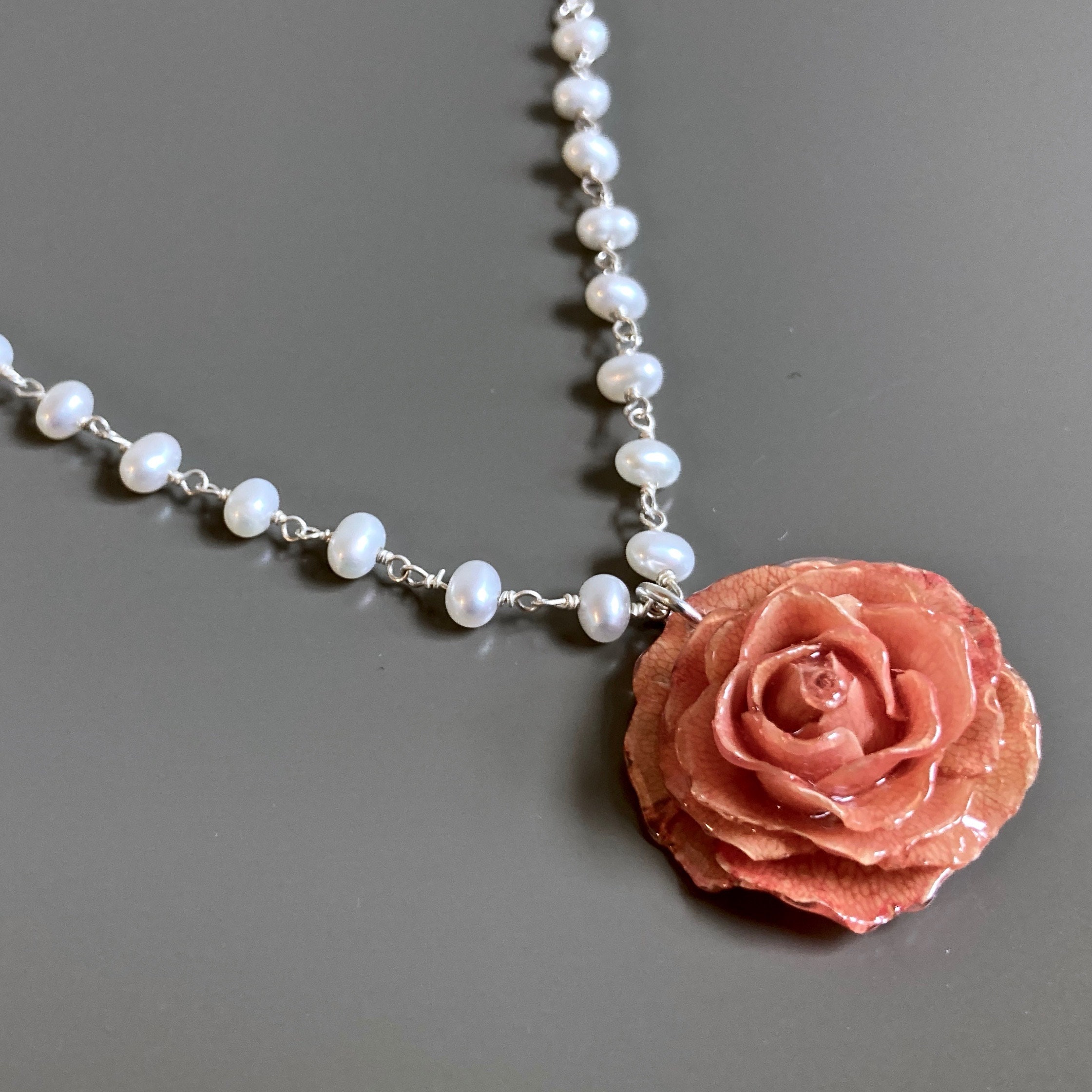 Real Rose Necklace - Pink Rose, Pearl Necklace Real Flower Necklace ...