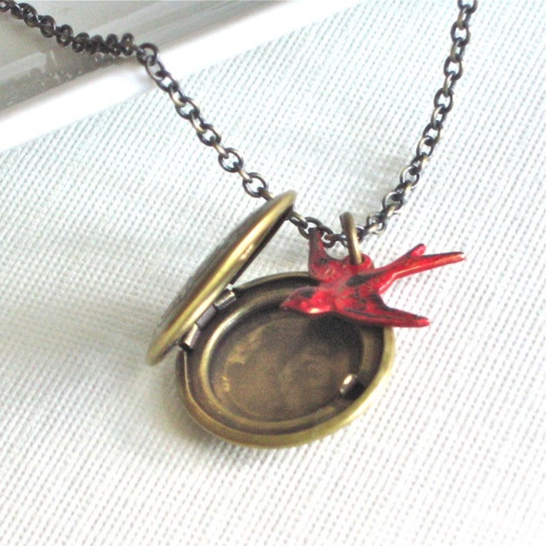 Red Bird Locket Necklace Cardinal Keepsake Jewelry Brass Etsy