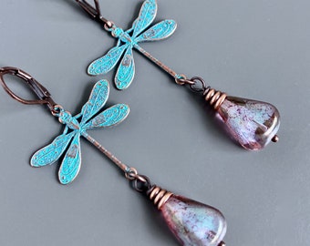 Dragonfly Earrings - Czech Glass, Rose, Teal Copper, Dragonfly Jewelry, Nature Jewelry,  Dragonfly Gift, Nature, Gift for Woman, Friend Gift