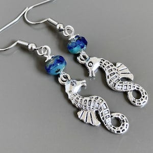 Seahorse Earrings - Beach Jewelry, Beach Wedding Jewelry, Silver and Blue Earrings, Beach Gift, Gift for Woman, Sea Life Jewelry, Ocean