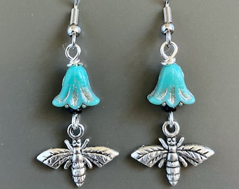 Bee Earrings - Bee Jewelry, Honeybee, Bumblebee, Nature Jewelry, Flower, Botanical Jewelry, Aqua, Turquoise, Garden Gift, Floral, Tulip