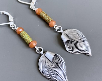 Fall Leaf Earrings - Lightweight Earrings, Silver Leaf, Earth tone, Fall Colors, Orange, Green, Gift for Woman, Graduation, Birthday