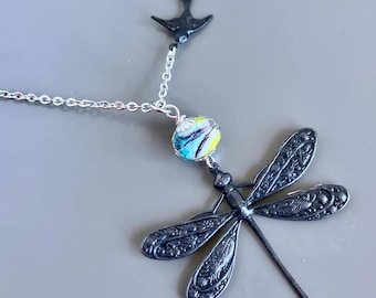 Black Dragonfly Bird Necklace - Dragonfly Jewelry, Nature Jewelry, Nature Jewelry, Dragonfly Gift, Nature Gift, Garden Gift, Gift for Woman