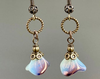 Opalescent Flower Earrings - Czech Glass Earrings, Aqua Earrings, Floral Jewelry, Floral Jewelry, Botanical Jewelry, Gift for Woman