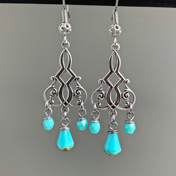 Turquoise and Silver Chandelier Earrings - Turquoise Earrings, Long Earrings, Lightweight Earrings, Gift for Woman, Dressy Earrings