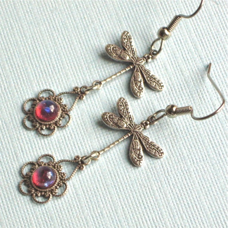 Silver Dragonfly Earrings Dragons Breath Glass Opals, Filigree Earrings, Dragonfly Jewelry, Gift for Woman, Graduation, Birthday image 3