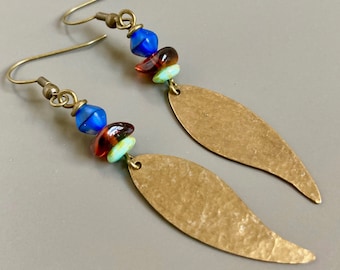 Boho Leaf Earrings - Leaf Earrings, Hammered Earrings, Botanical Jewelry, Lightweight Earrings, Blue, Turquoise, Gift for Woman