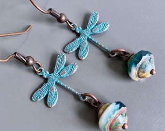 Small Dragonfly Earrings - Czech Glass, Teal Copper, Dragonfly Jewelry, Nature Jewelry,  Dragonfly Gift, Nature, Gift for Woman, Friend Gift