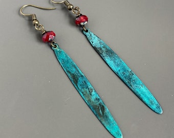 Boho Patina Earrings - Turquoise Red Earrings, Lightweight Earrings, Verdigris, Patina Jewelry, Long Earrings, Gift for Woman, Birthday