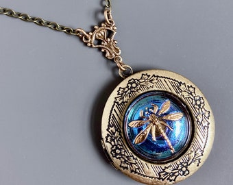 Dragonfly Locket Necklace - Dragonfly Jewelry, Iridescent Blue, Hand painted Czech Glass, Dragonfly Gift, Nature Jewelry, Gift for Woman