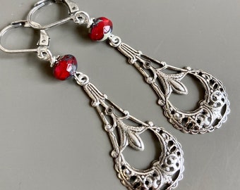 Red Silver Filigree Earrings, Drop Earrings, Czech Glass, Lightweight Earrings, Long Earrings, Teardrop, Gift for Woman, Wife
