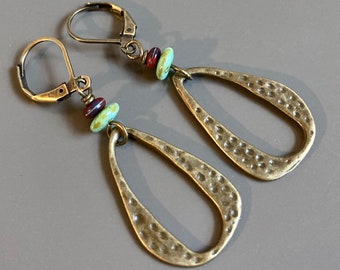 Boho Hoop Earrings -Brass Earrings, Lightweight Earrings, Boho Jewelry, Turquoise and Brass Earrings, Hoop Earrings, Gift for Woman