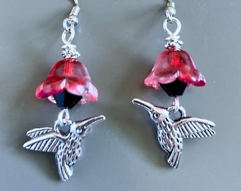 Silver Hummingbird Earrings - Bird Jewelry, Flower Earrings, Nature Jewelry, Red and Pink Flower, Bird Gift, Nature Gift, Gift for Woman