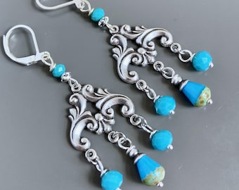 Blue and Silver Chandelier Earrings - Ornate, Long Earrings, Lightweight Earrings, Gift for Woman, Dressy Earrings